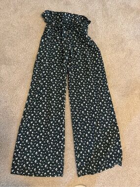 Kittenish Dark Green Wide-Leg Floral Jumpsuit with Tie Waist